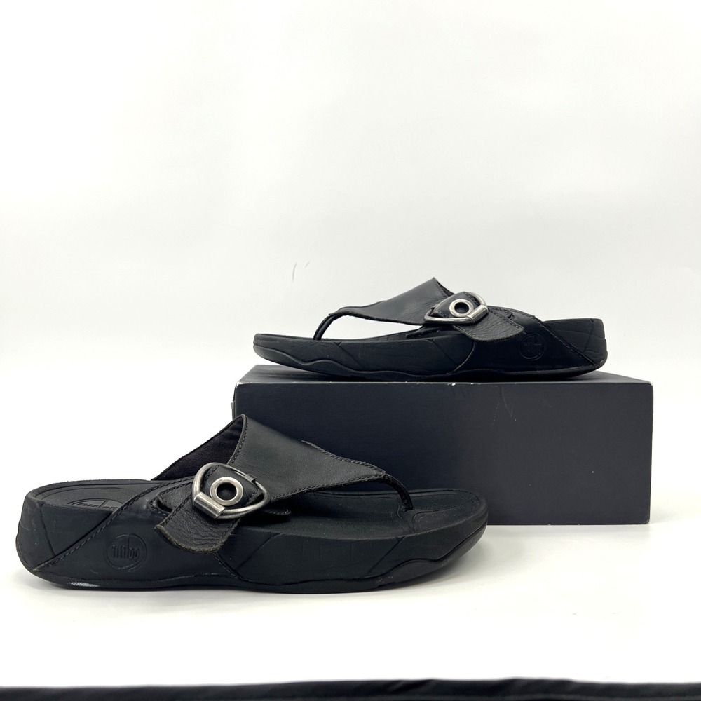 Fitflop Women's Size 9.5 Black Sandals Leather Comfort Buckle Chunky Platform